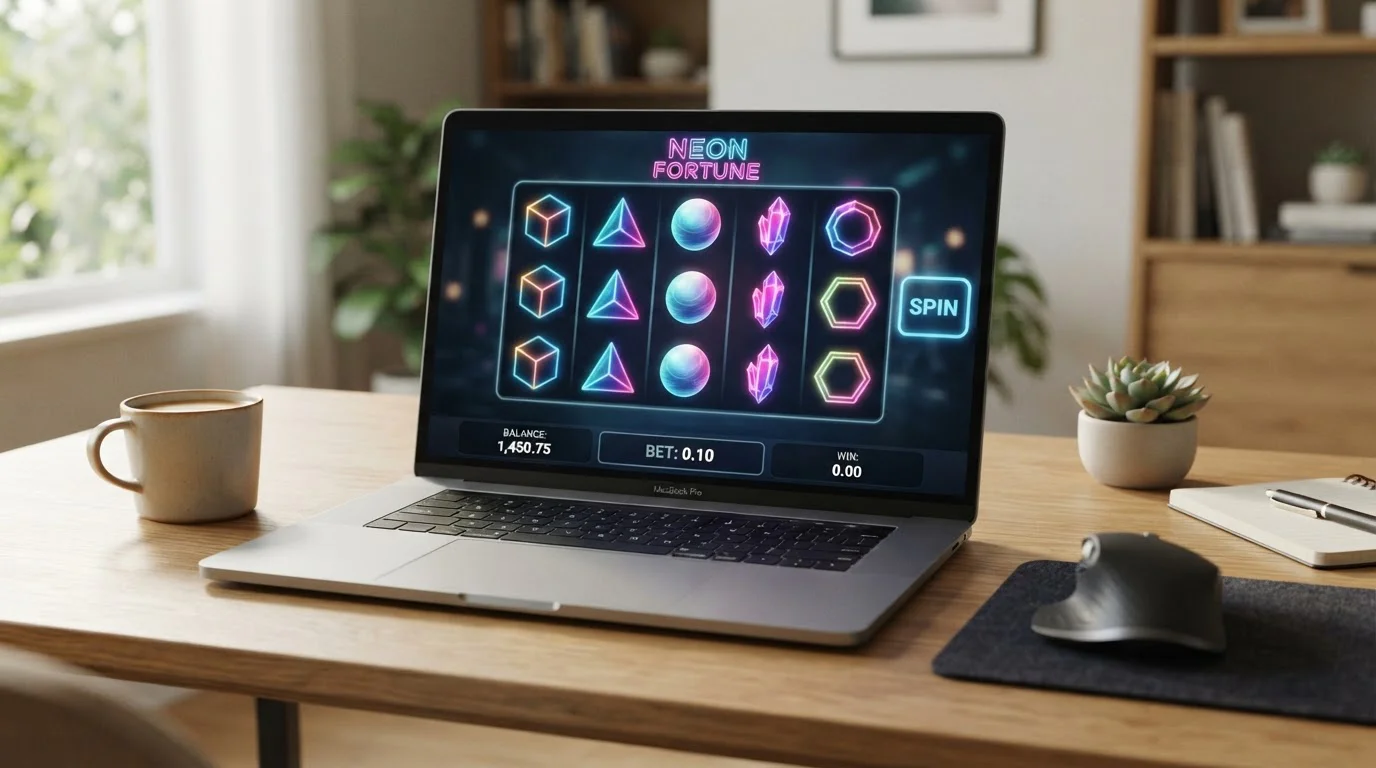 Laptop screen showing slot game interface with 10p bet setting