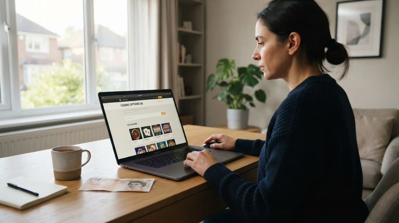 Person reviewing casino options on laptop with £10 note on desk