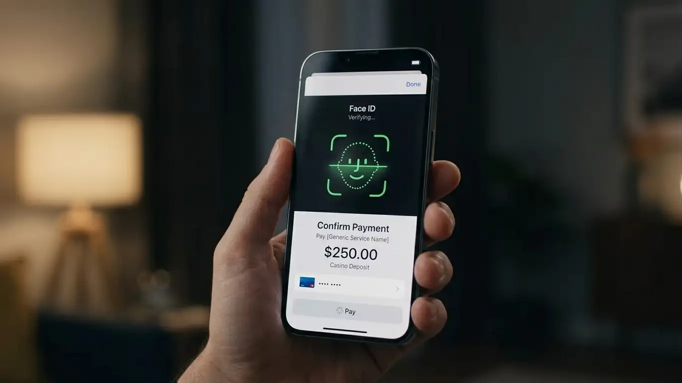 Close-up of iPhone screen showing Face ID authentication prompt during Apple Pay casino deposit