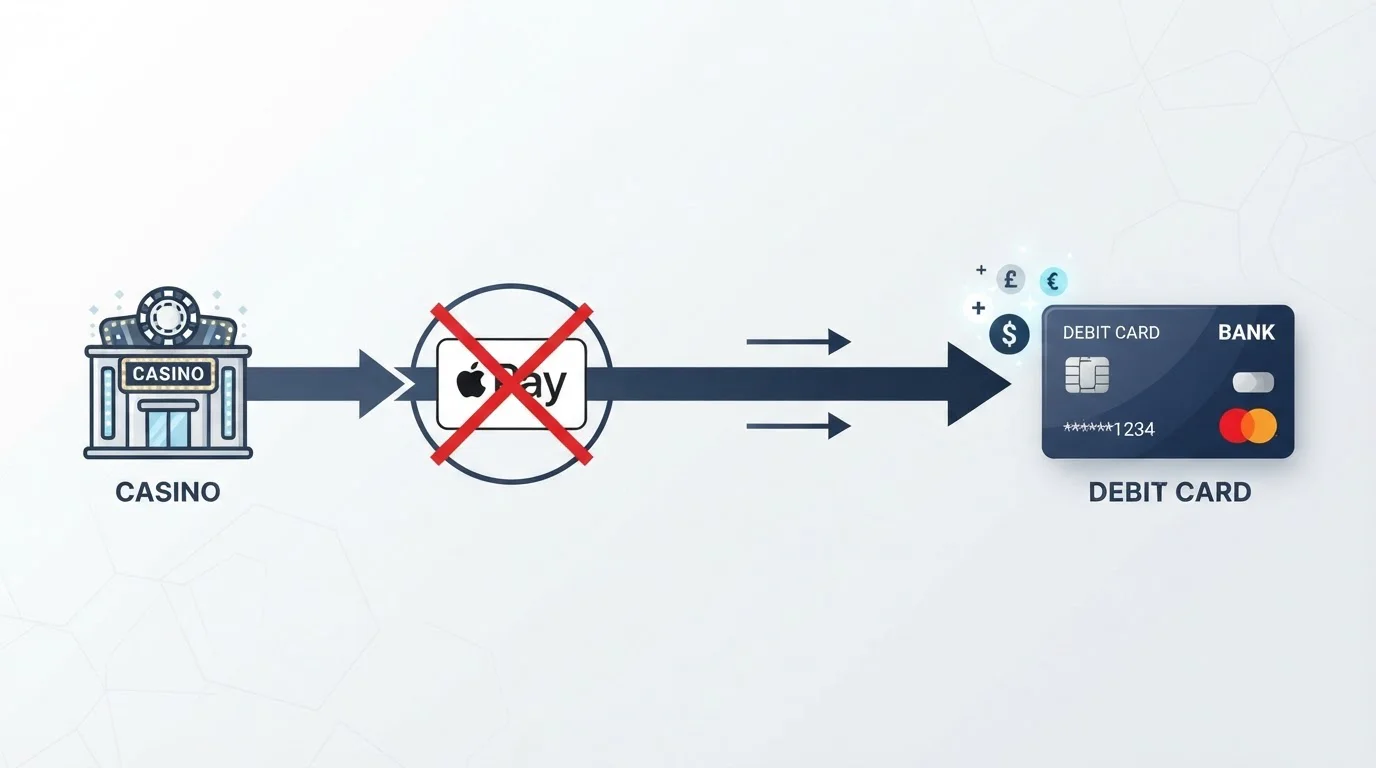 Diagram showing closed-loop withdrawal path from casino to debit card, bypassing Apple Pay wallet