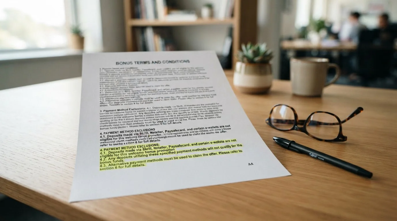 Casino bonus terms document with payment method exclusions highlighted