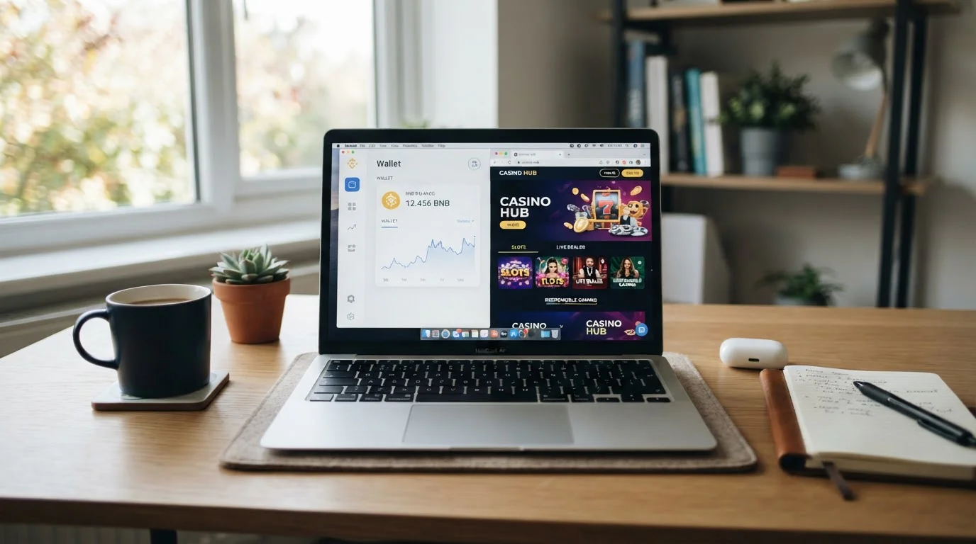 Laptop displaying cryptocurrency wallet with BNB token and casino interface in modern UK home office