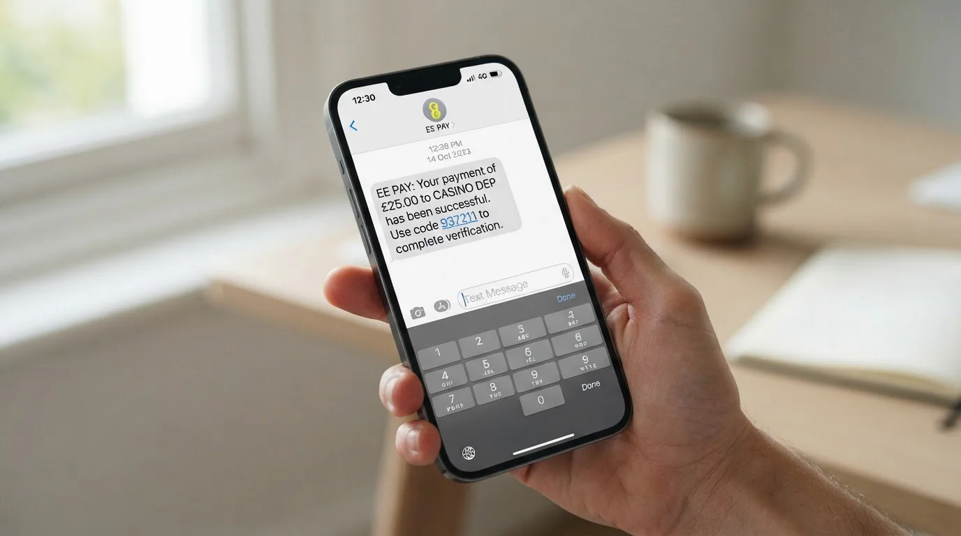UK mobile phone with casino payment confirmation screen showing phone credit deposit