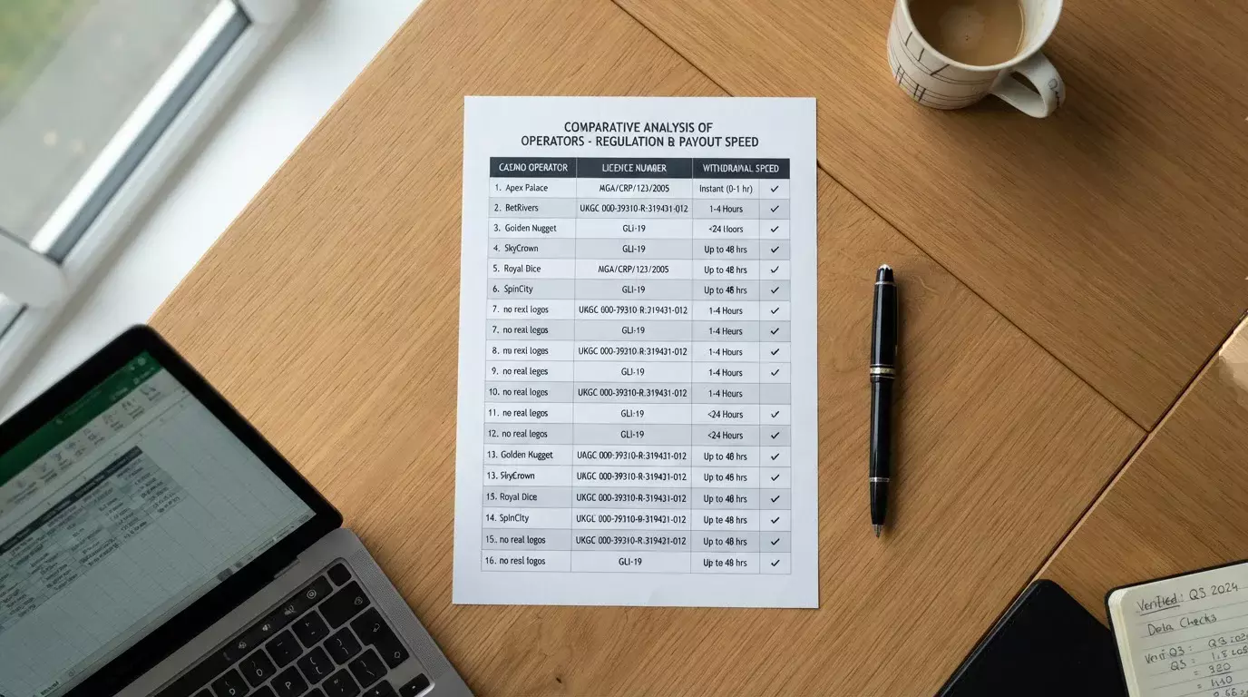 Comparison table layout showing casino names with UKGC licence numbers and withdrawal speeds
