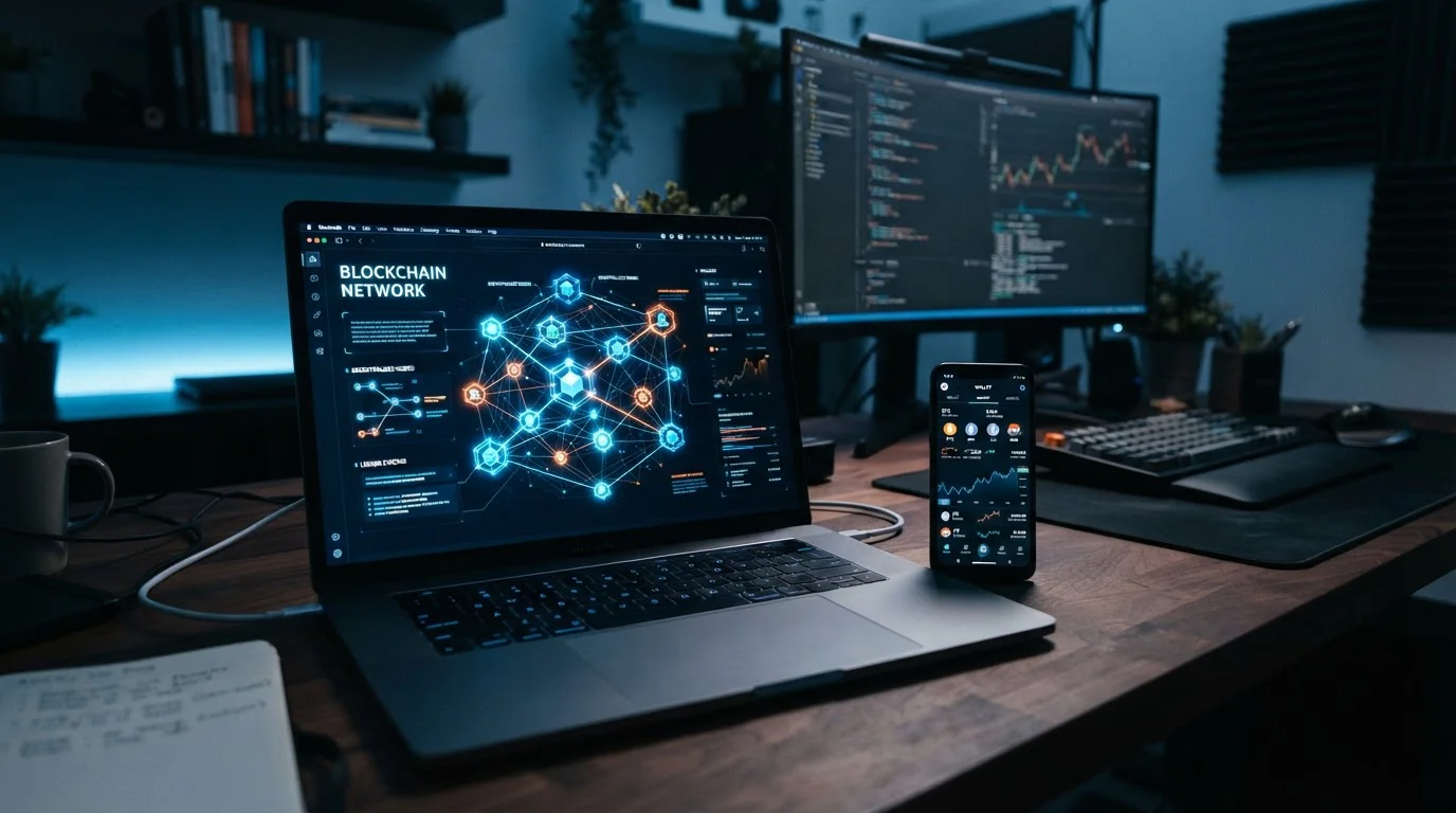 Laptop screen showing blockchain network visualisation with smartphone displaying cryptocurrency symbols