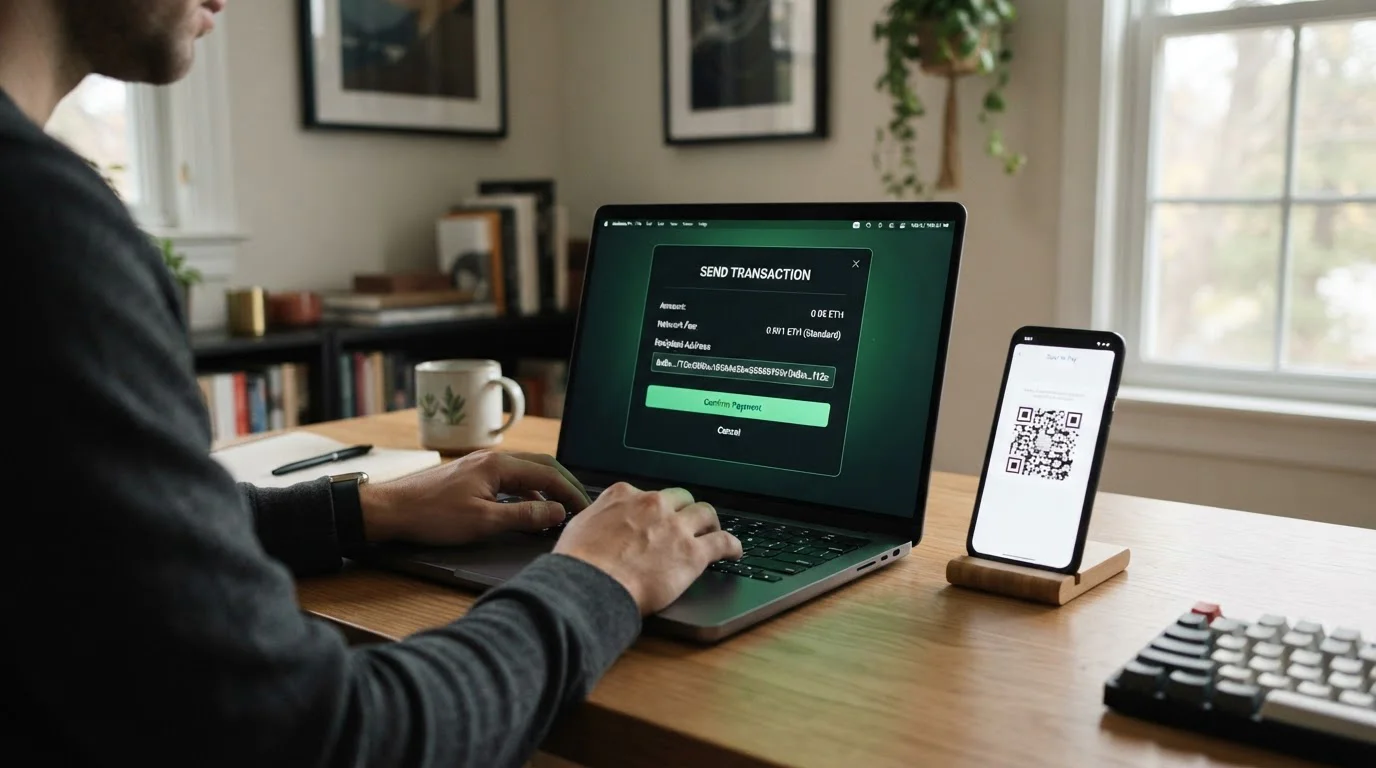 Laptop displaying cryptocurrency wallet interface with BCH address and QR code on smartphone