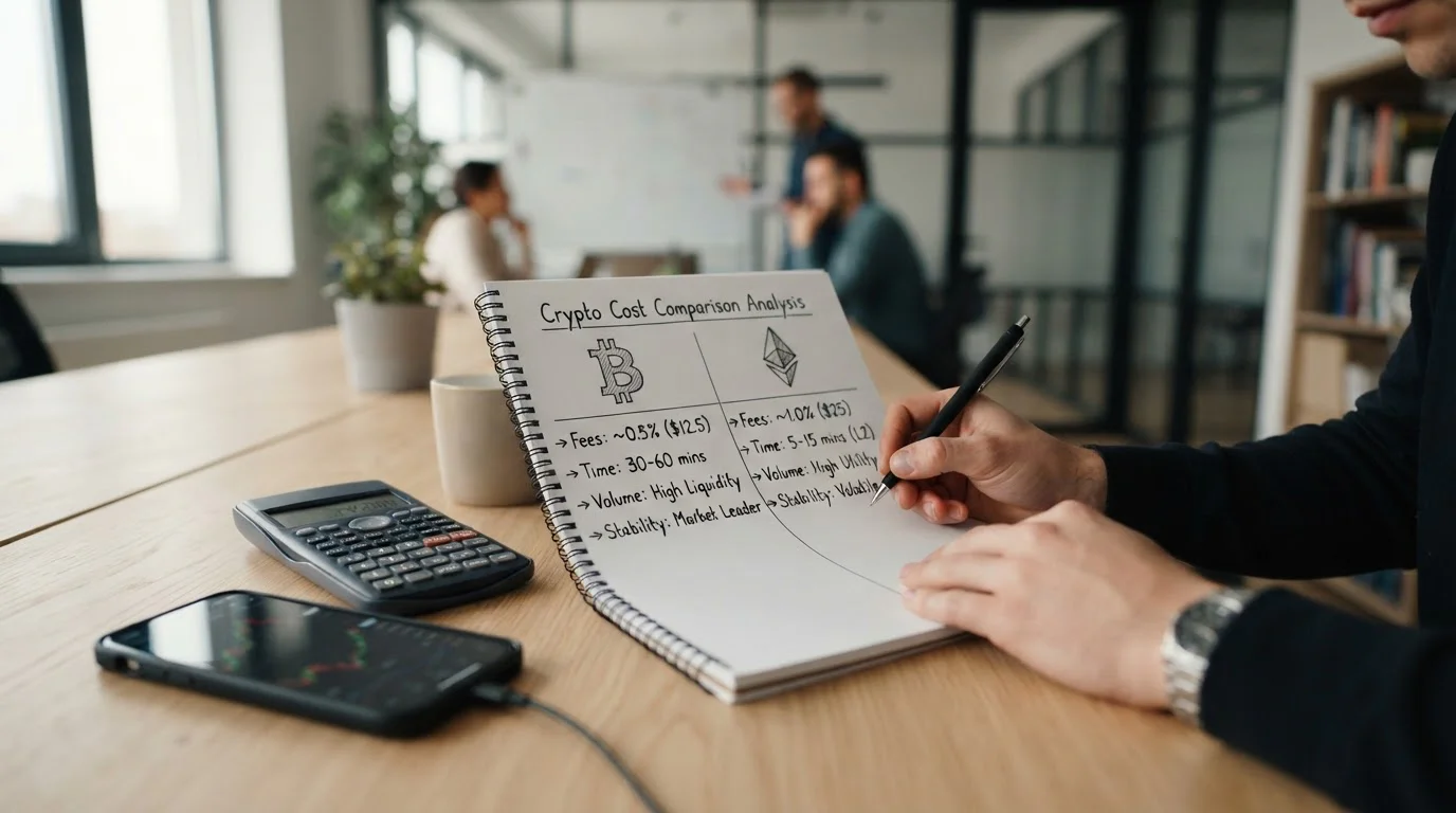 Person writing comparative notes showing Bitcoin vs Bitcoin Cash fee calculations