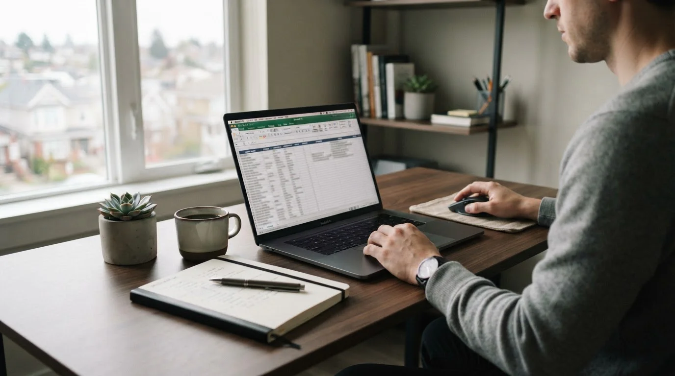 Modern minimalist desk setup showing crypto casino comparison spreadsheet with licensing details