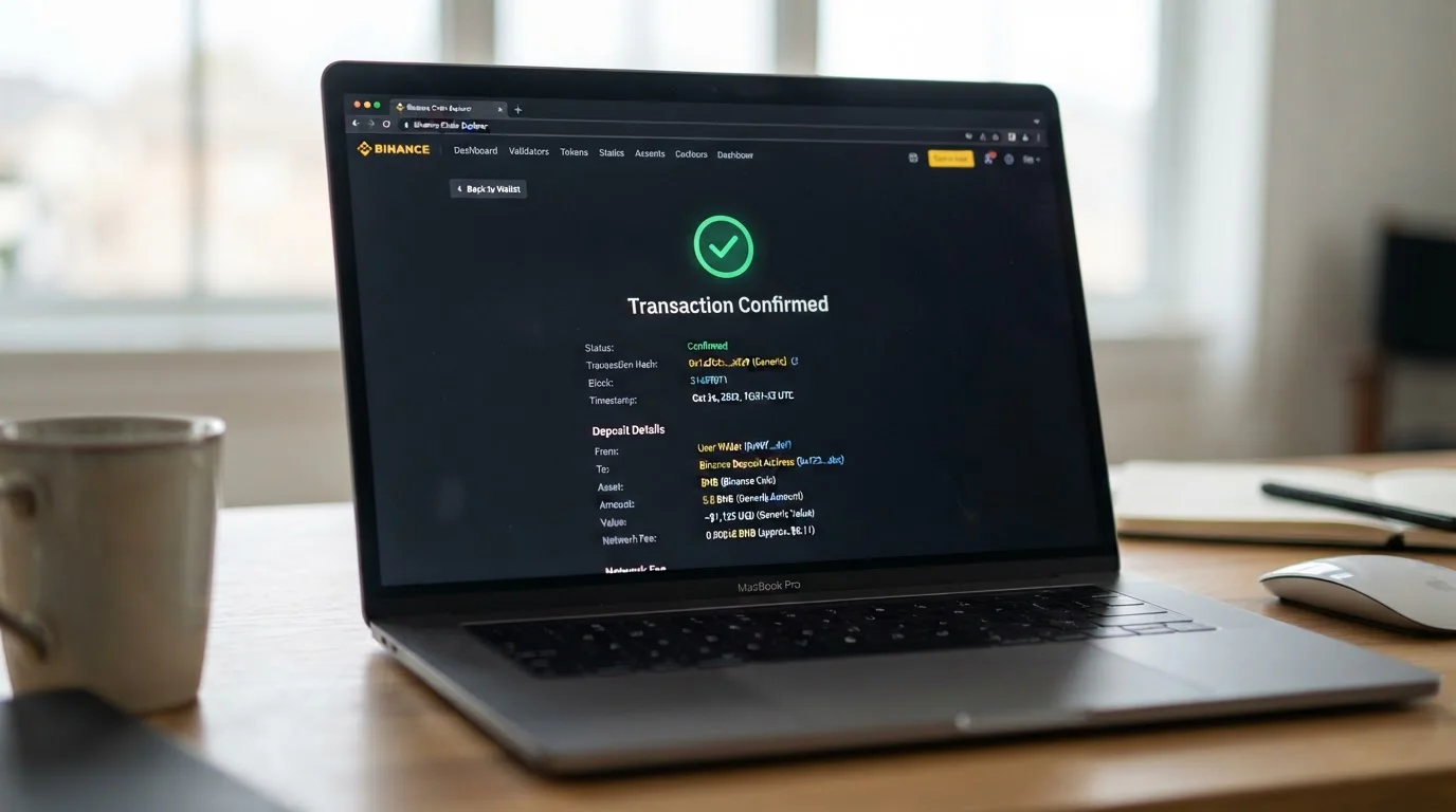 Close-up of transaction confirmation screen showing BNB deposit with network fee and confirmation time