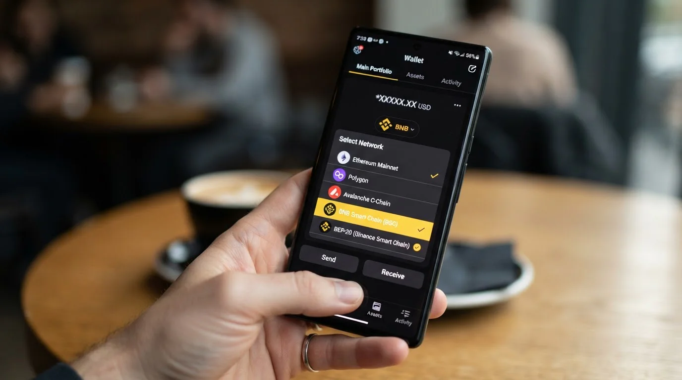 Smartphone displaying BNB wallet interface with network selection dropdown showing BSC and BEP-20 options