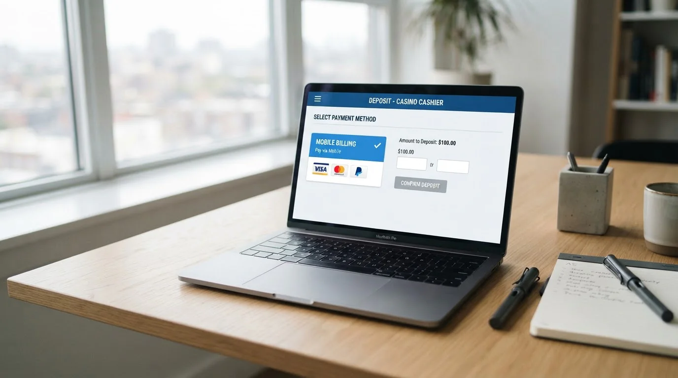 Laptop showing casino cashier with Boku payment option selected