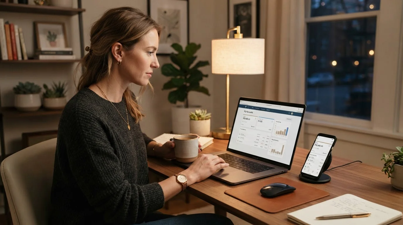 Person using laptop to access Canadian online banking for Interac transfer