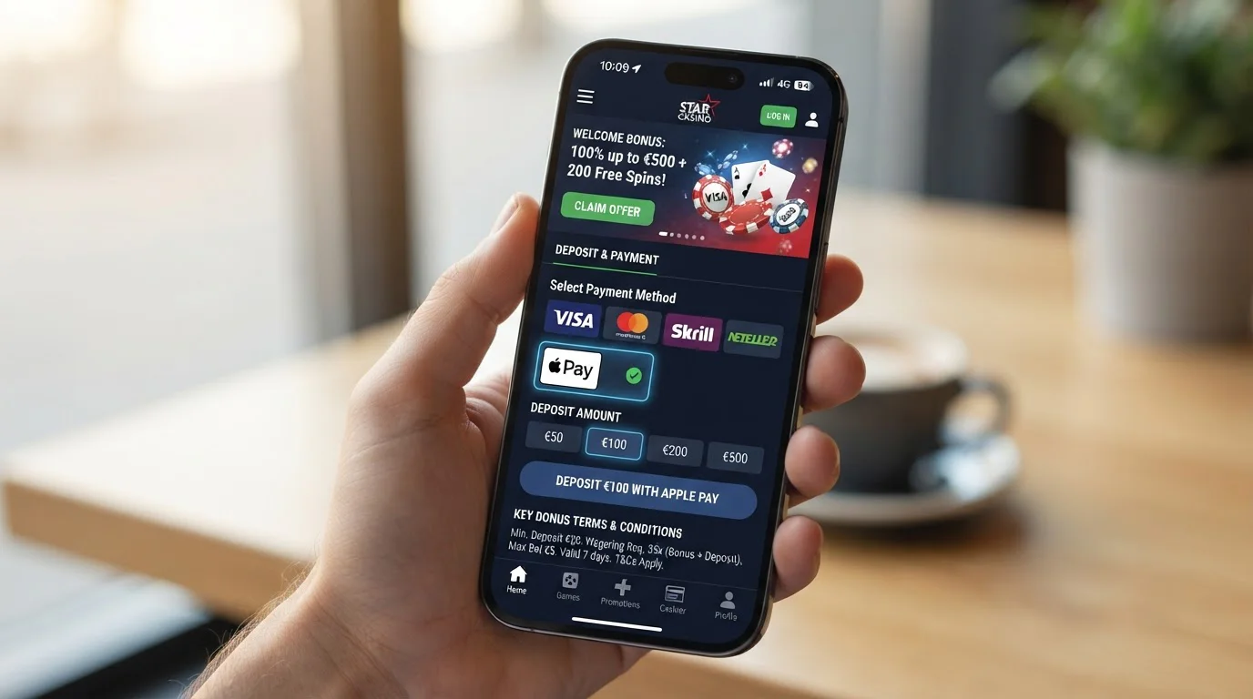 Mobile phone screen showing casino welcome bonus offer with Apple Pay deposit option highlighted