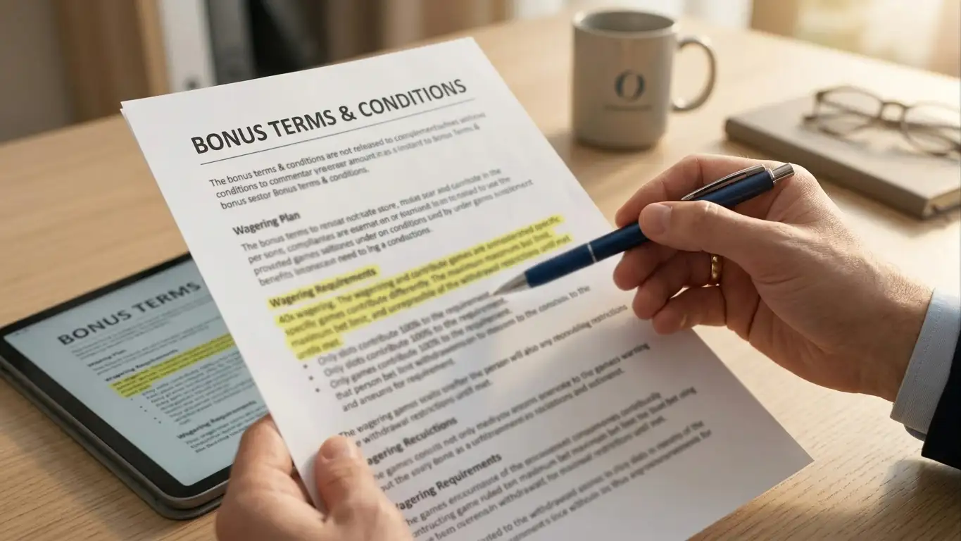 Document showing bonus terms with wagering requirements highlighted