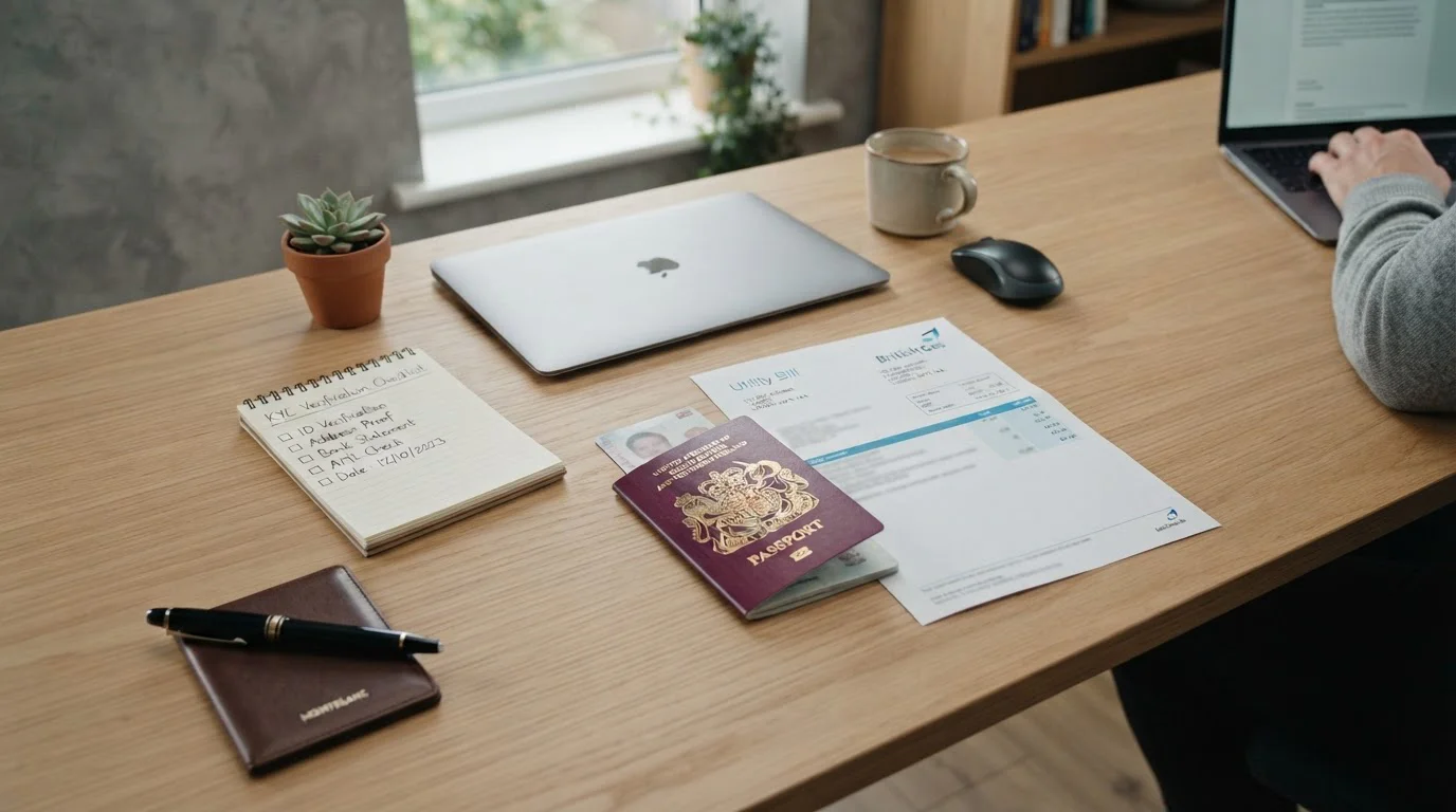 Desktop workspace with documents showing KYC verification checklist and ID card