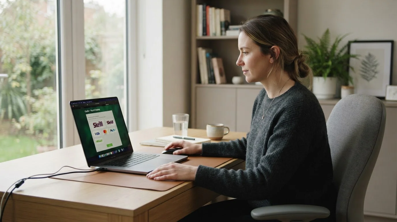 UK online casino player reviewing Skrill payment options on laptop