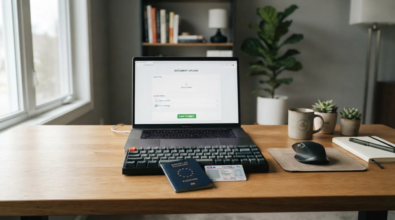Clean desk with laptop showing verification document upload interface and ID documents