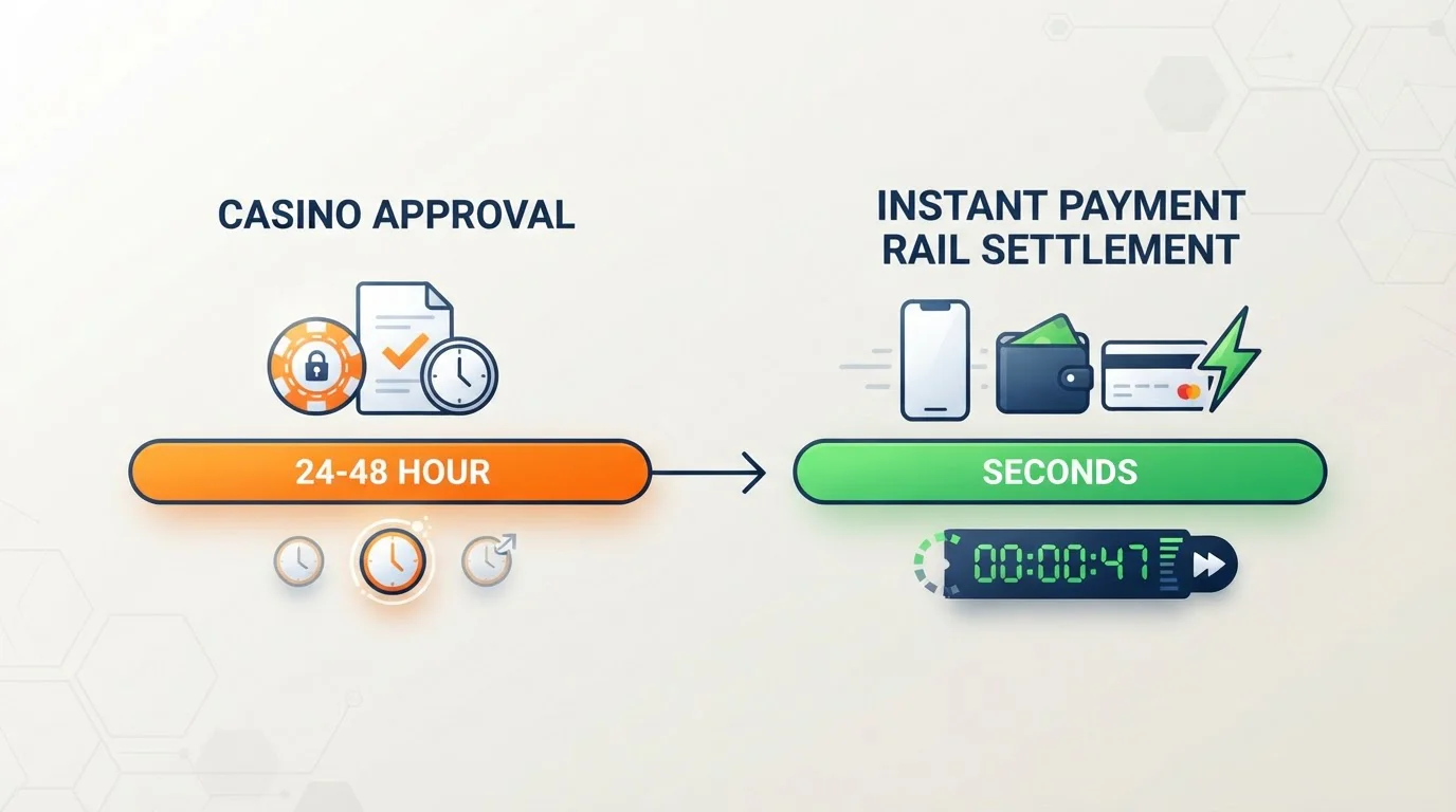 Timeline graphic showing casino approval delay versus instant Faster Payments settlement