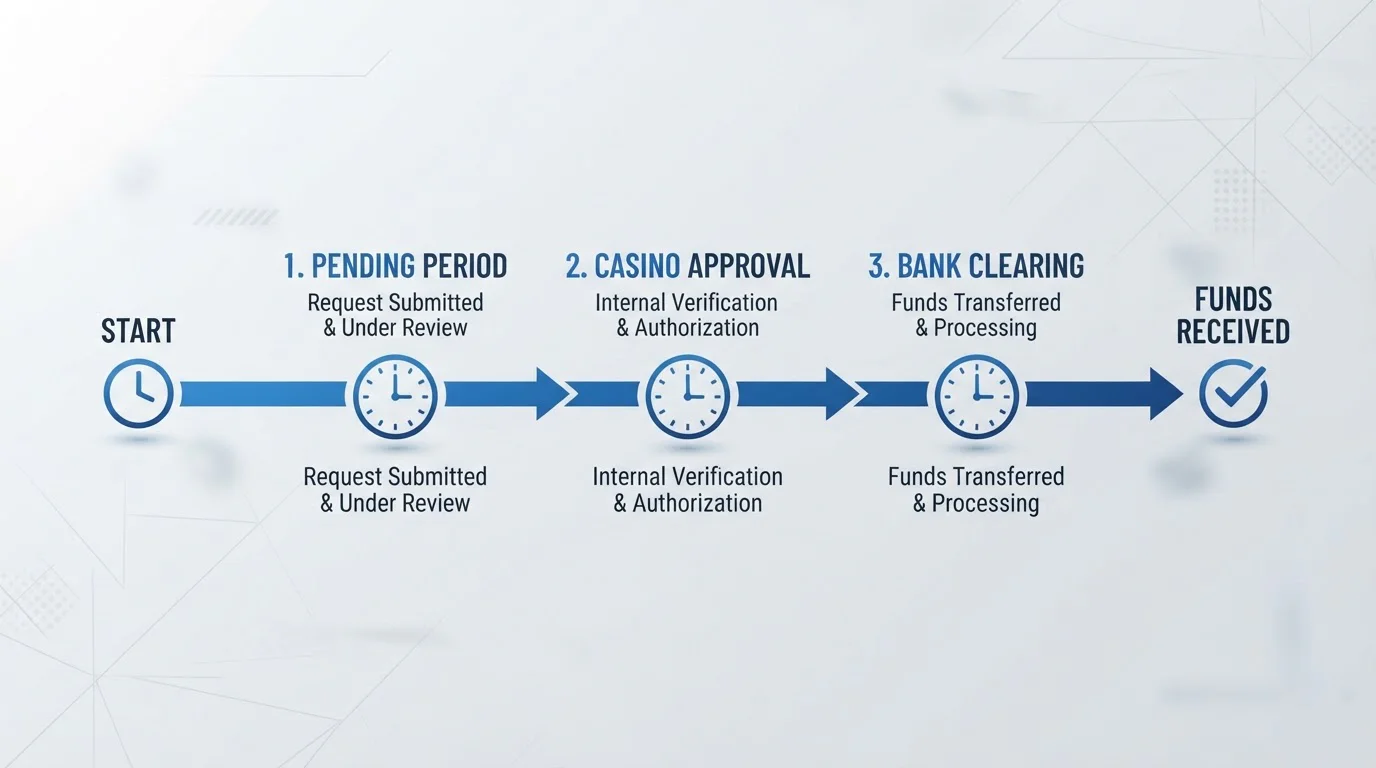 Timeline diagram showing withdrawal processing stages from pending to bank account clearing