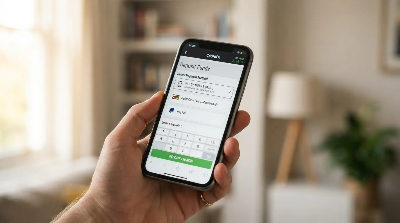 UK mobile phone displaying casino cashier with phone bill deposit option