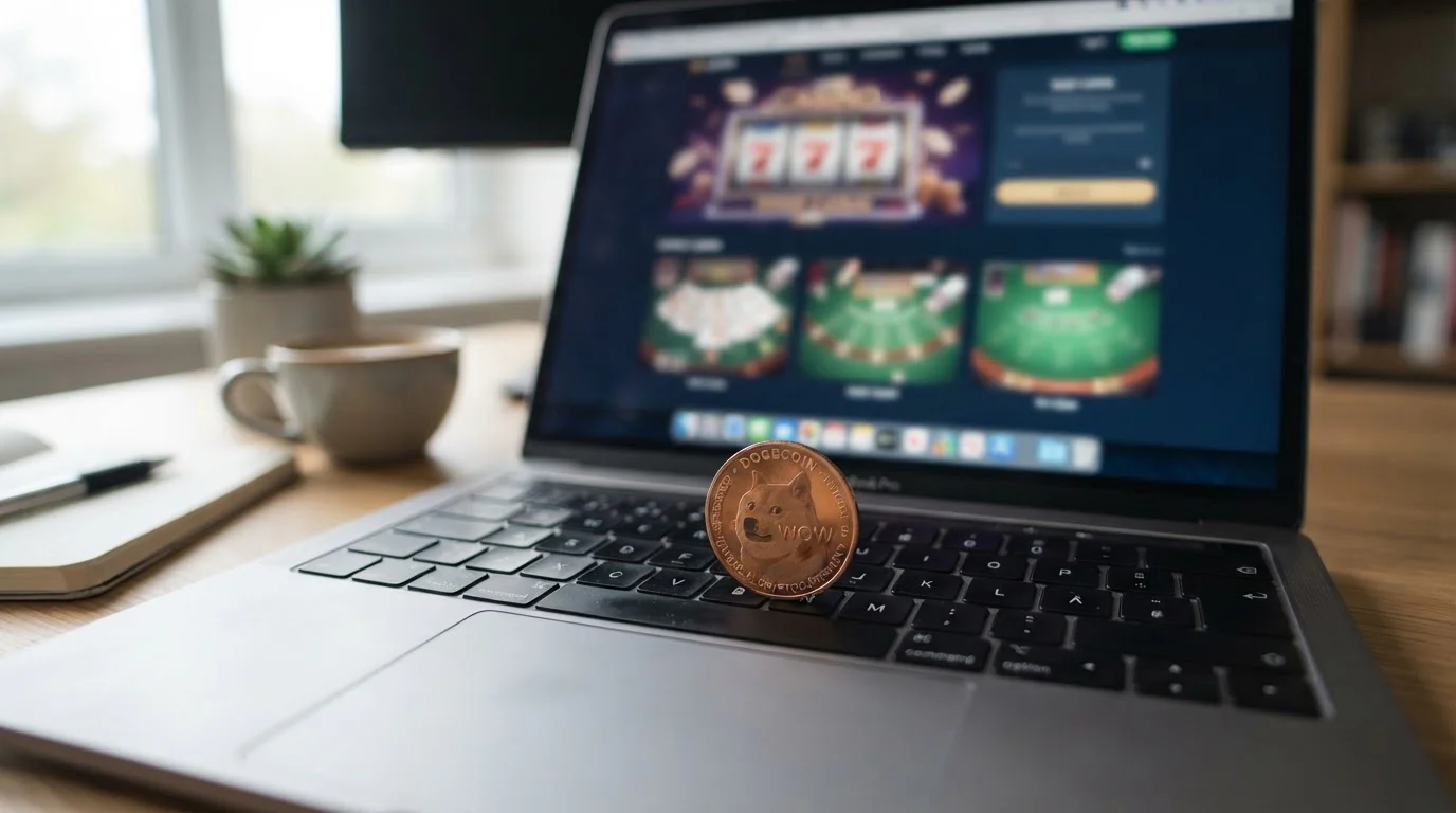Dogecoin cryptocurrency coin on laptop keyboard with online casino interface