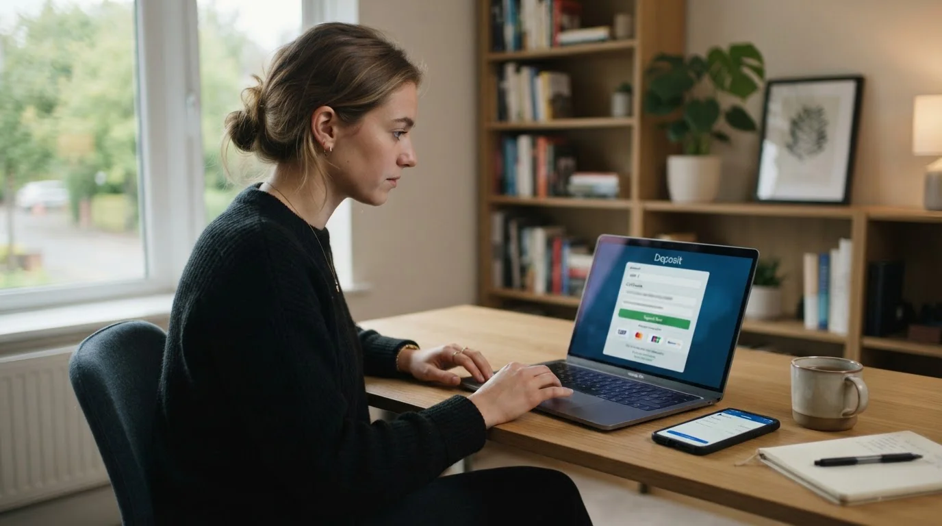 UK online casino player using e-wallet payment on laptop
