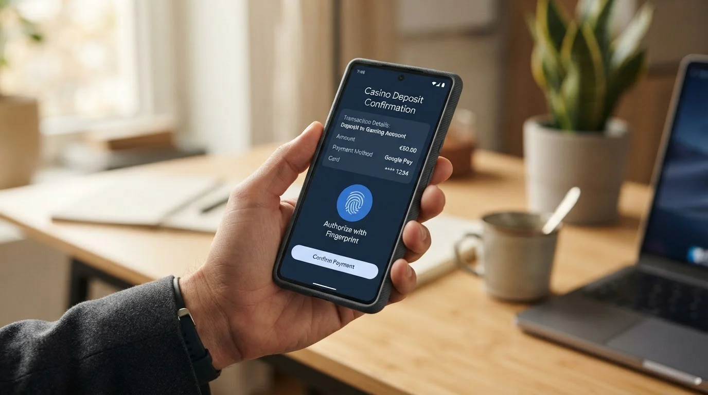 Android smartphone displaying Google Pay casino deposit interface with fingerprint authentication