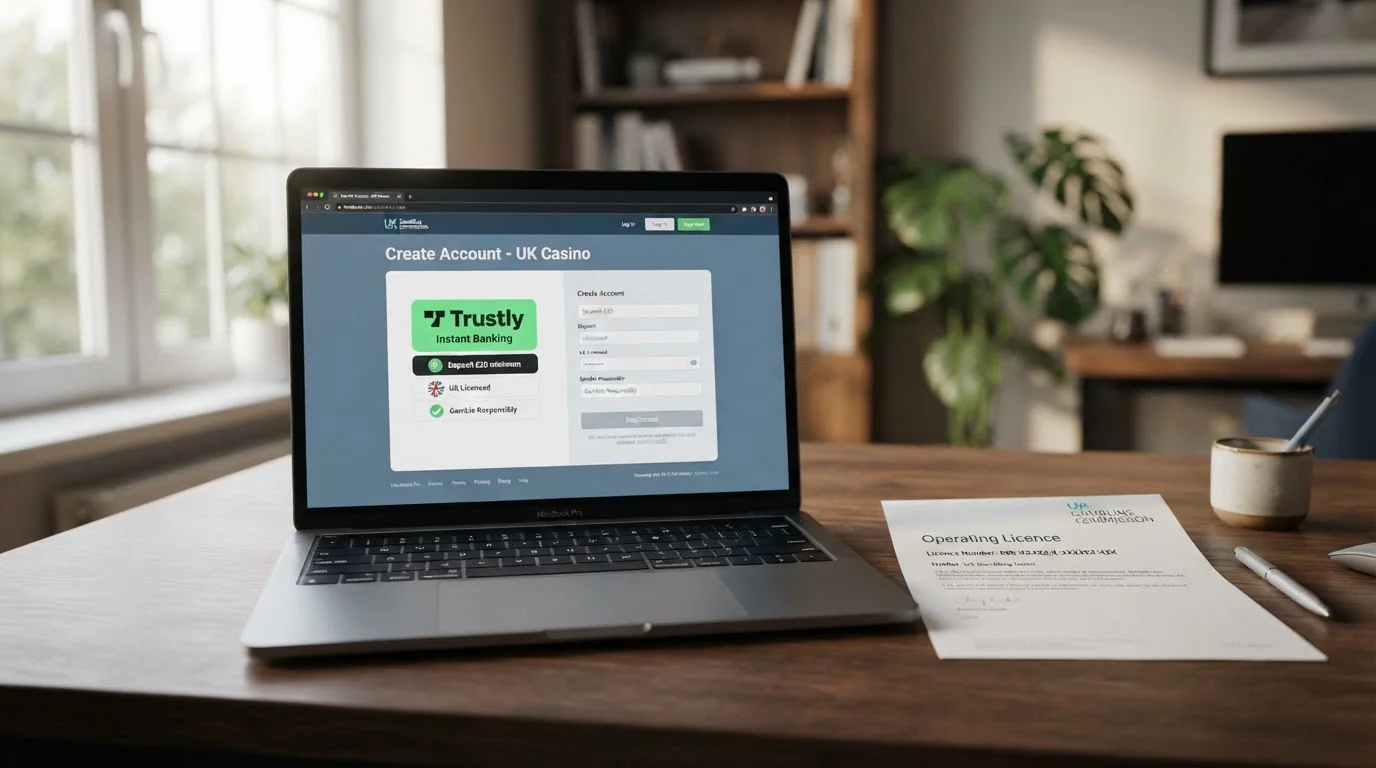 UK casino registration document with Trustly instant banking logo on laptop screen