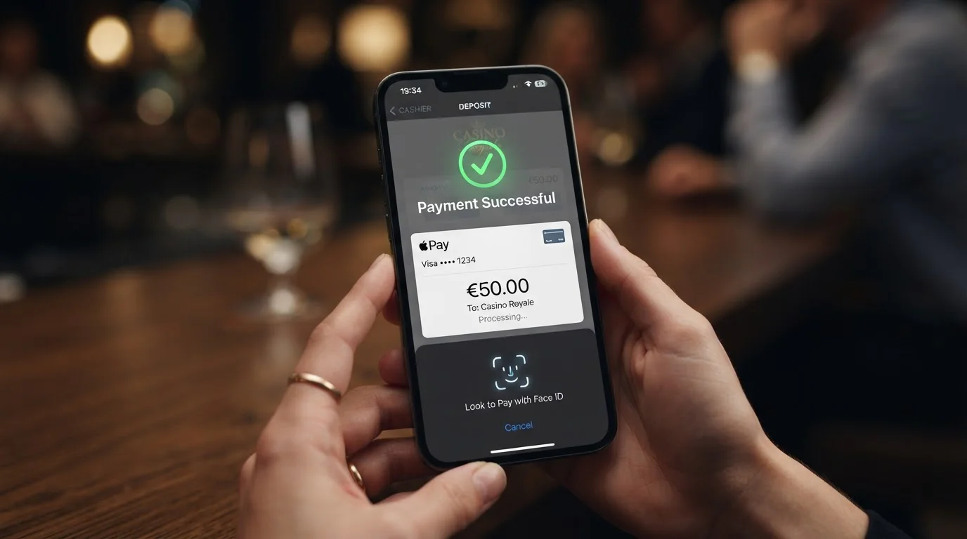 iPhone showing Apple Pay casino deposit confirmation with Face ID authentication