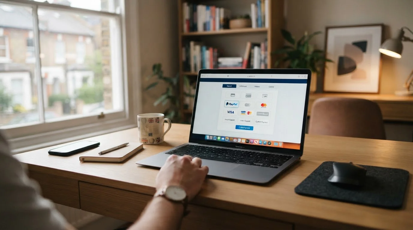 UK online casino cashier showing PayPal payment option on laptop screen