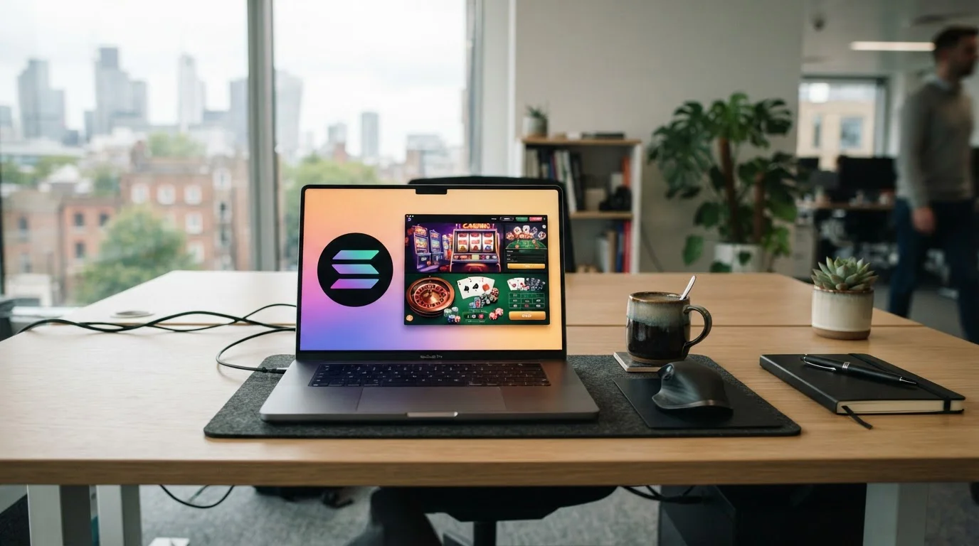 Modern desk with laptop displaying Solana cryptocurrency symbol and casino gaming interface