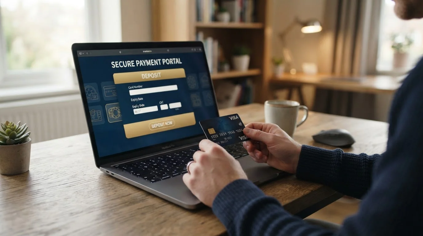 UK player holding Visa debit card at laptop with online casino interface