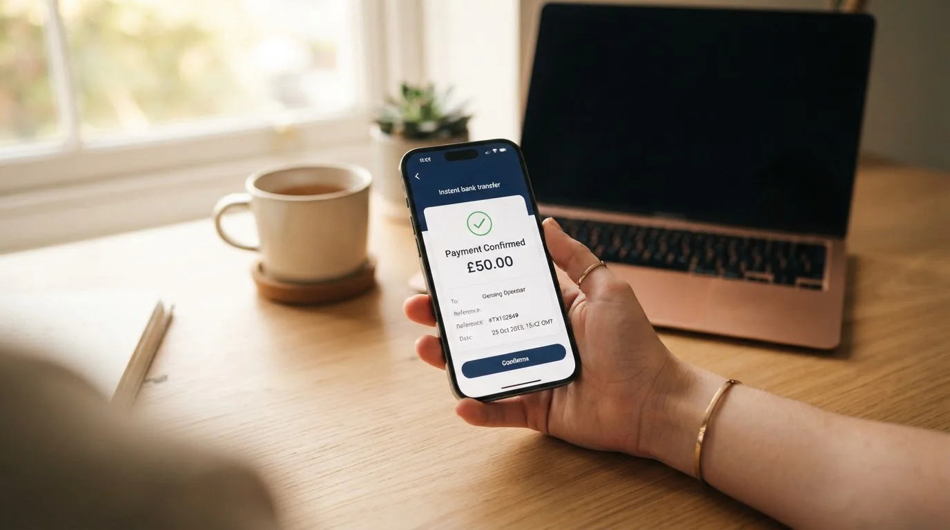 Mobile payment interface showing instant bank transfer for UK online casino deposit