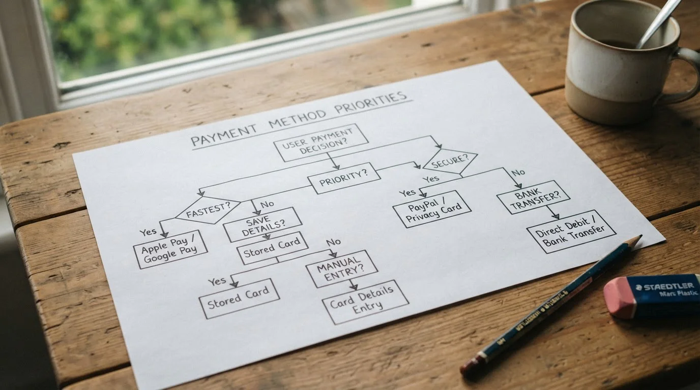 Decision tree diagram showing payment method selection based on user priorities