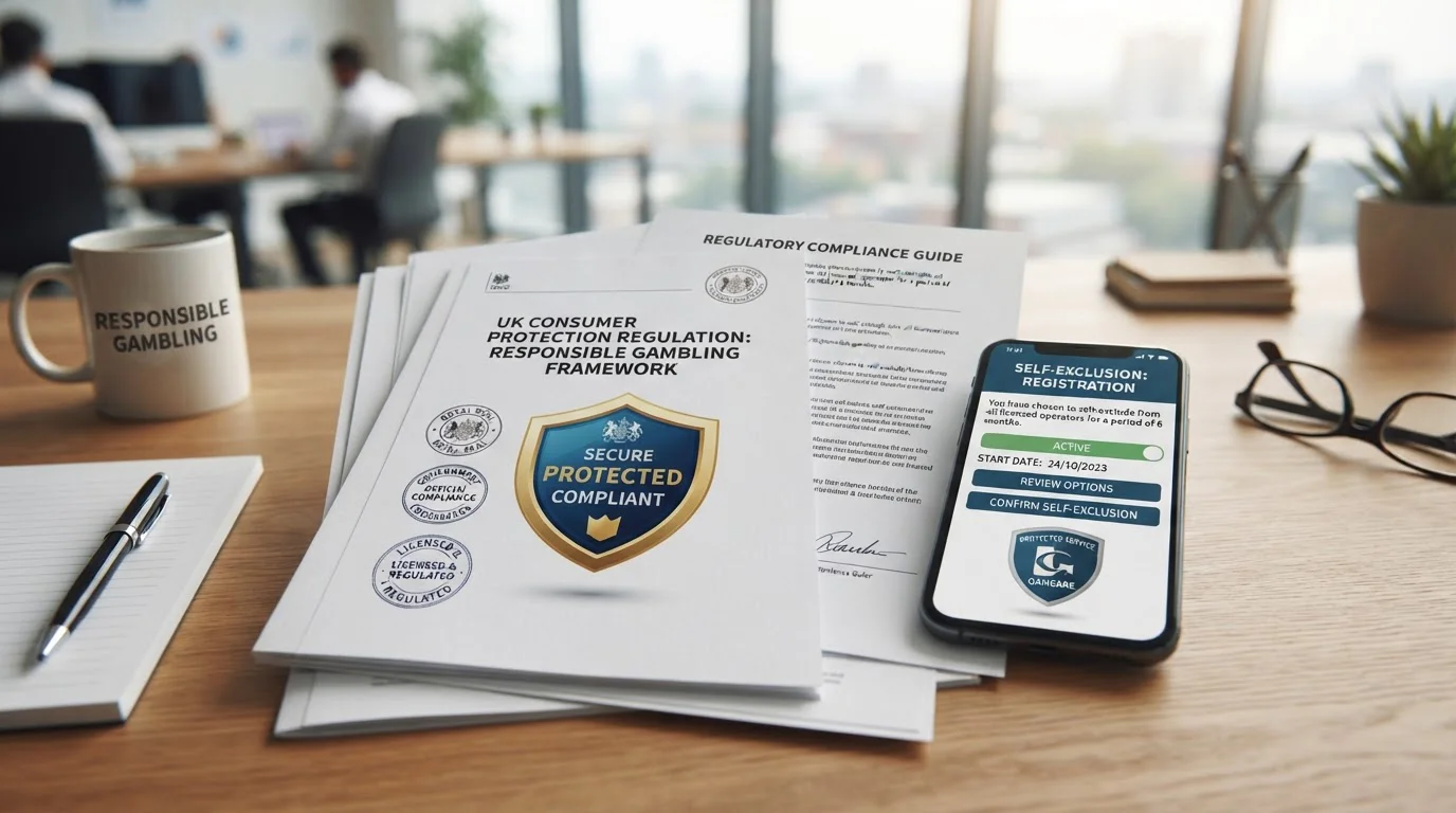 Official consumer protection documents with shield icon and self-exclusion interface on smartphone