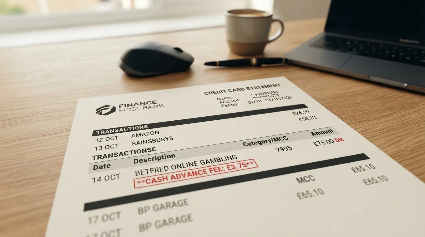 Close-up of credit card statement showing MCC 7995 gambling transaction with cash advance fee highlighted