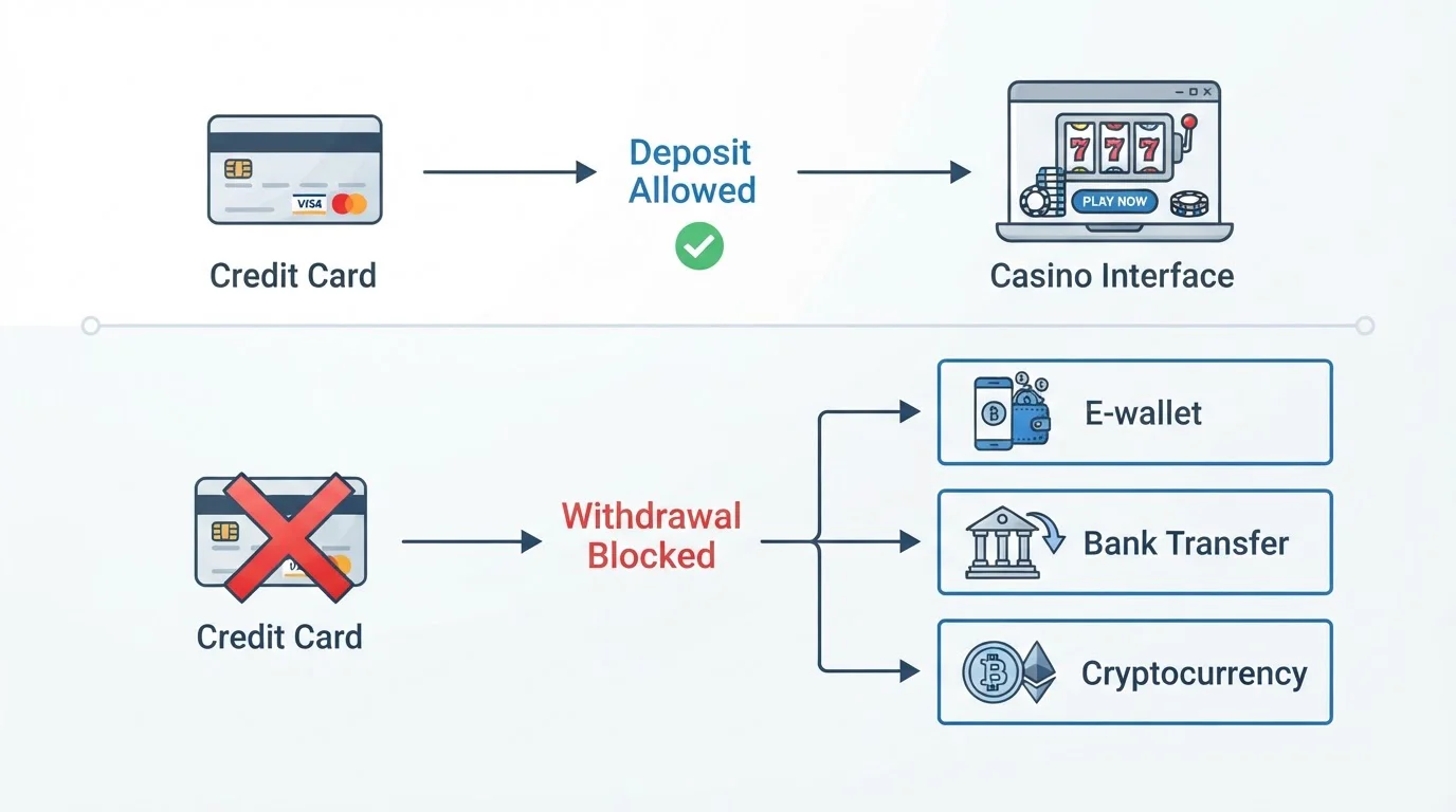 Diagram showing credit card deposit flow versus blocked withdrawal path with alternative payout methods
