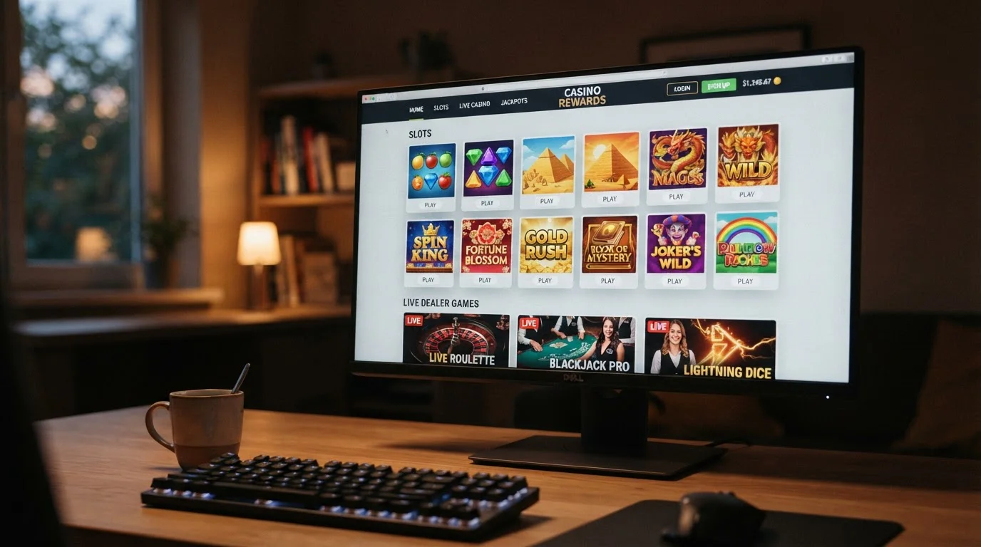 Desktop computer showing online casino game lobby with slots and live dealer categories