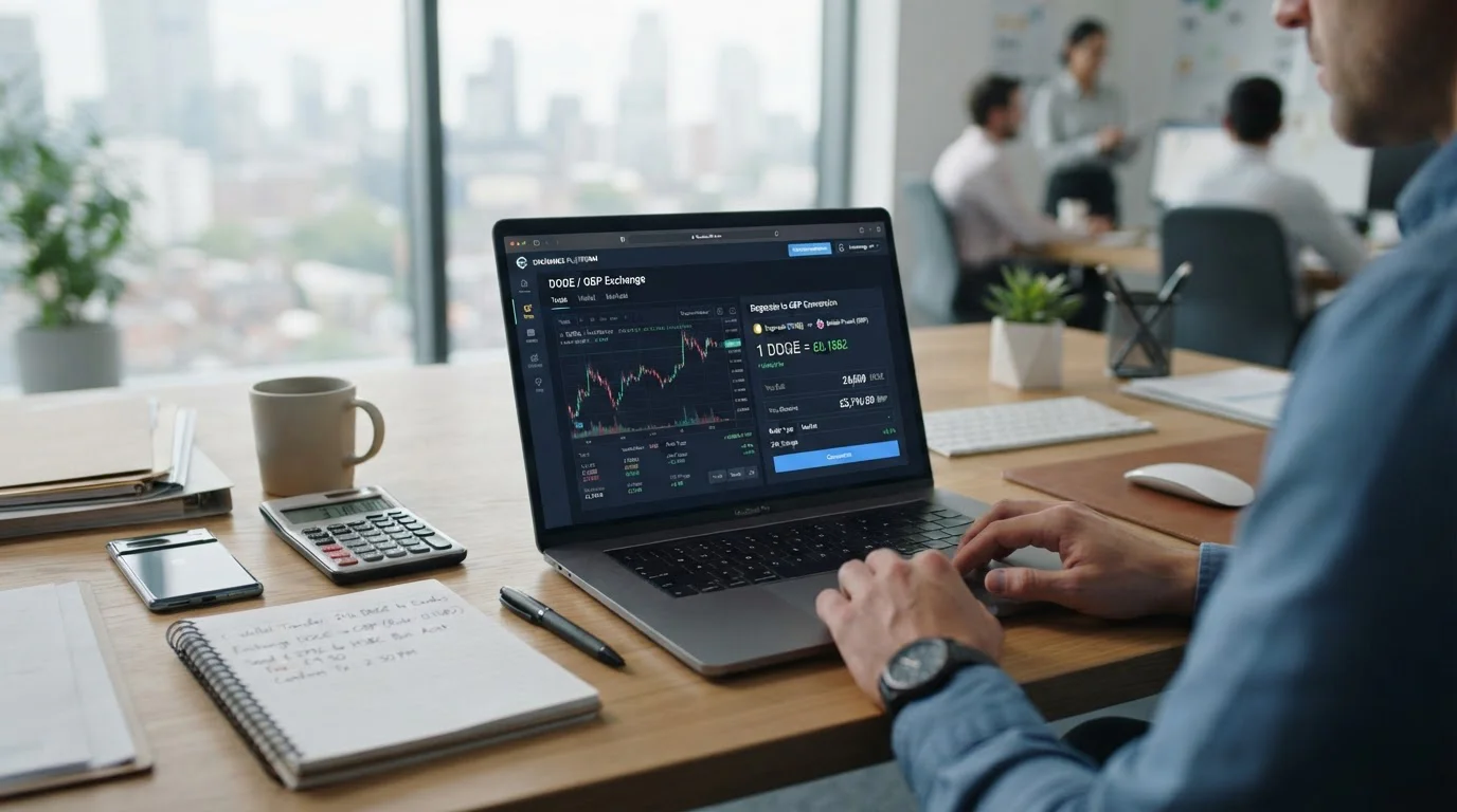 Cryptocurrency exchange interface converting Dogecoin to GBP for deposit at UK licensed casino