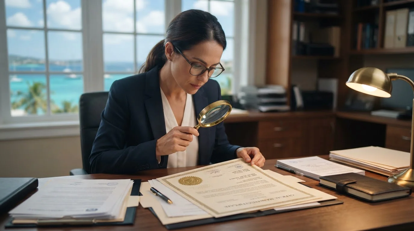 Professional examining Curaçao licence certificate with magnifying glass over registration number