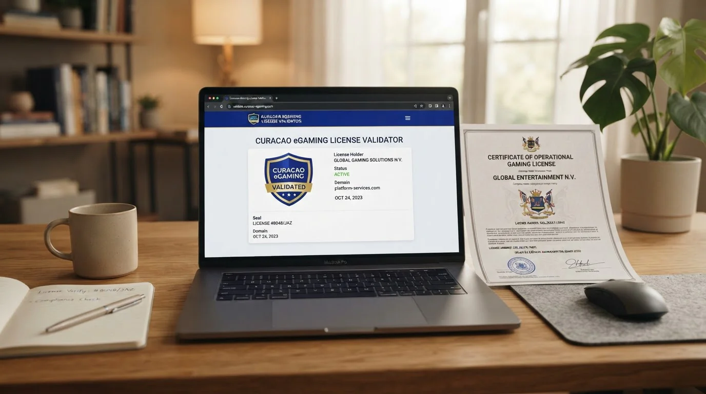 Curaçao gaming licence validator page open beside a printed licence document