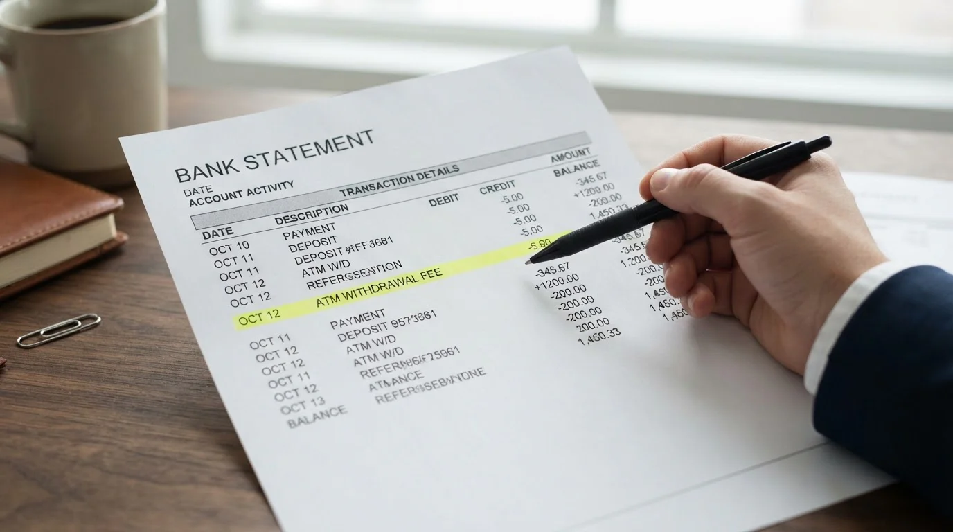 Bank statement showing gambling transaction with cash advance fee highlighted