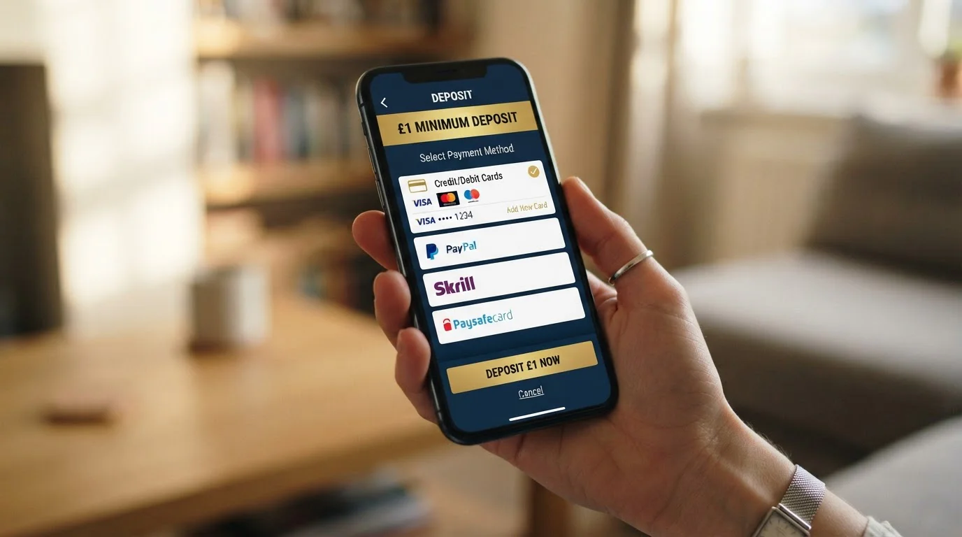 Mobile phone showing DragonBet casino interface with £1 deposit option