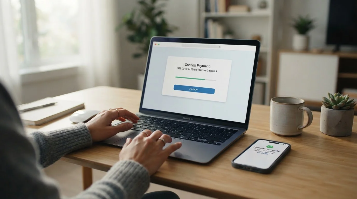 E-wallet payment interface on laptop screen with smartphone