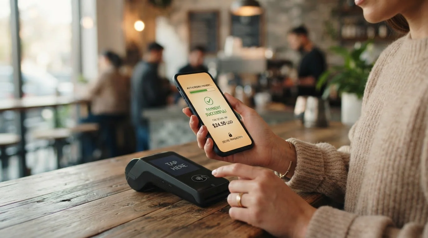 Hands using smartphone for secure digital payment with modern interface