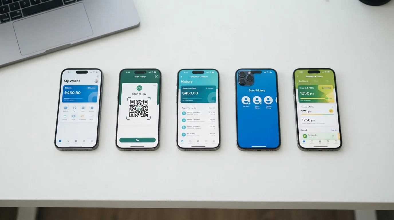 Five major e-wallets displayed on mobile devices and laptop screens
