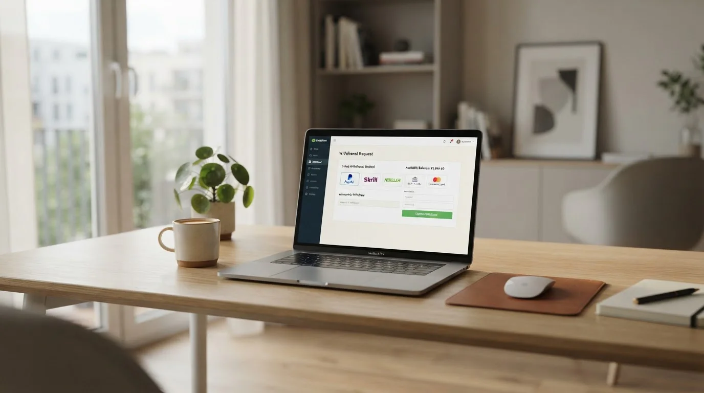 Modern laptop displaying casino withdrawal dashboard with PayPal and e-wallet options on clean desk