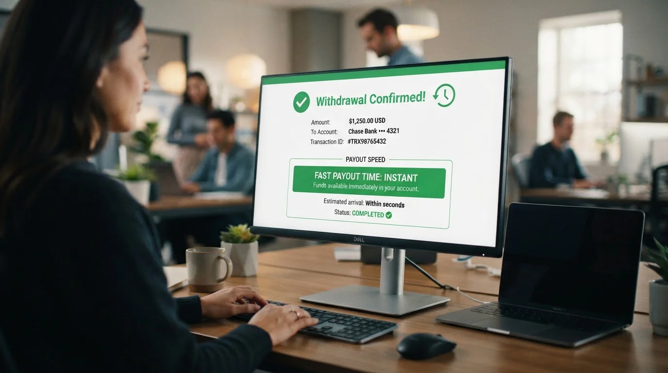Clock and withdrawal confirmation on screen showing fast payout time
