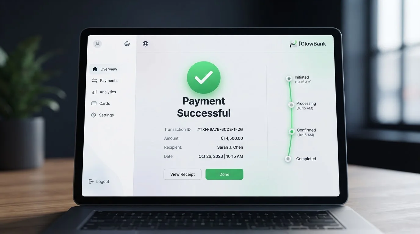 Clean banking interface showing Faster Payments transaction confirmation