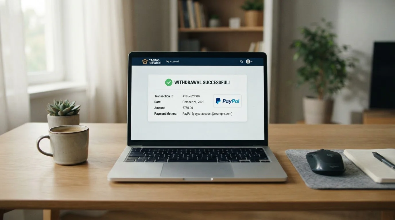 Laptop screen showing online casino withdrawal confirmation with PayPal payment interface